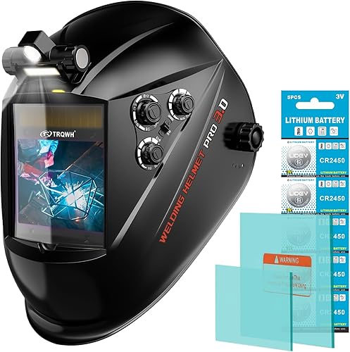 TRQWH Casco de soldadura con vista grande 3.94" x 3.15" con oscurecimiento automático, capucha de soldadura con luz LED, energía solar, color real,