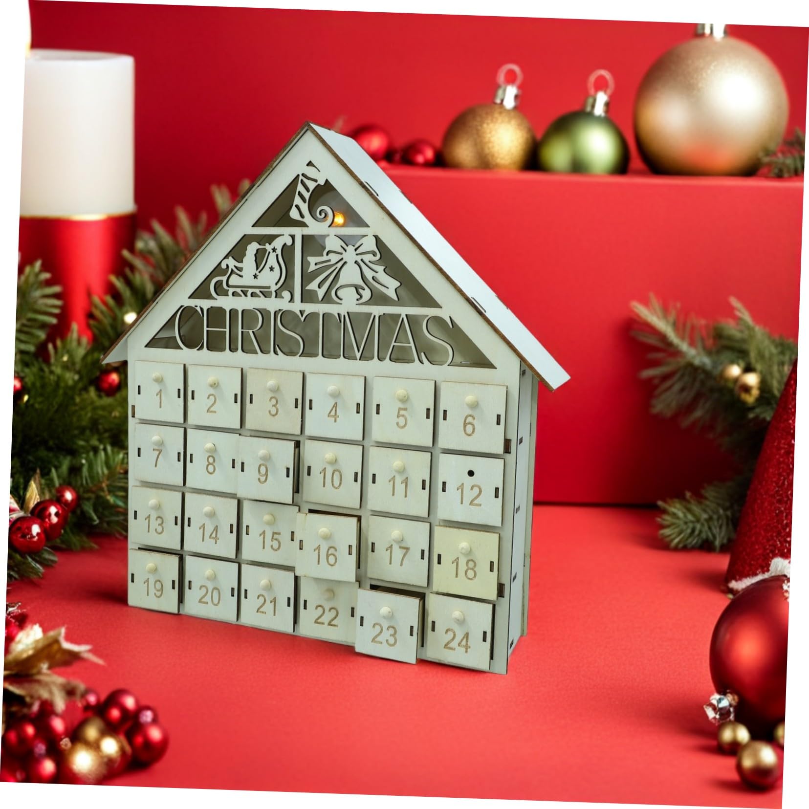 TOYANDONA Calendario Avvento in Legno con Luci LED 24 Scomparti Decorazione Natalizia per Casa e Feste