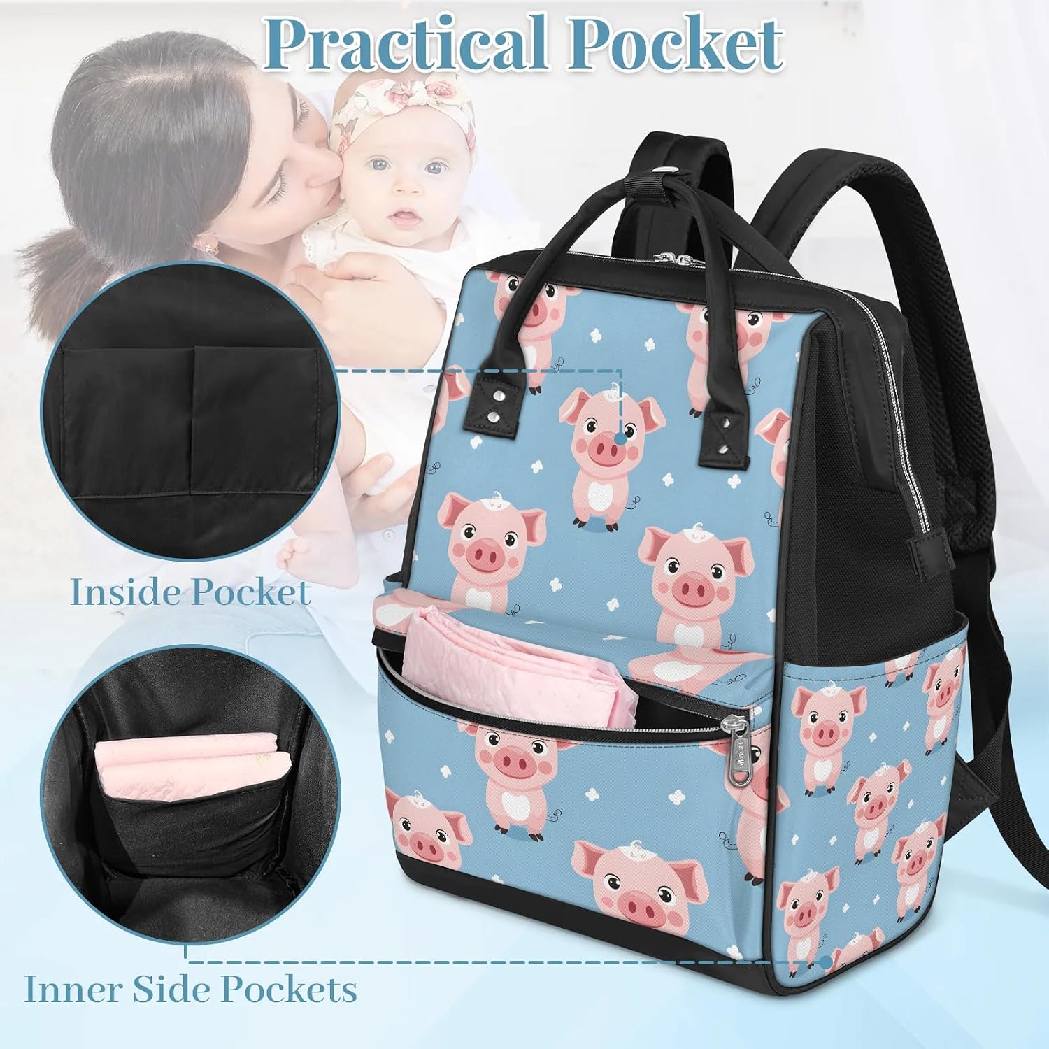 Honeybaby Mommy Bag Backpack & Tote Cute Pig 19L Nappy Bag with Adjustable Straps, Easy Access Side-Zip, Handheld & Shoulder Carry, Perfect Shower Gift for New Parents image 4