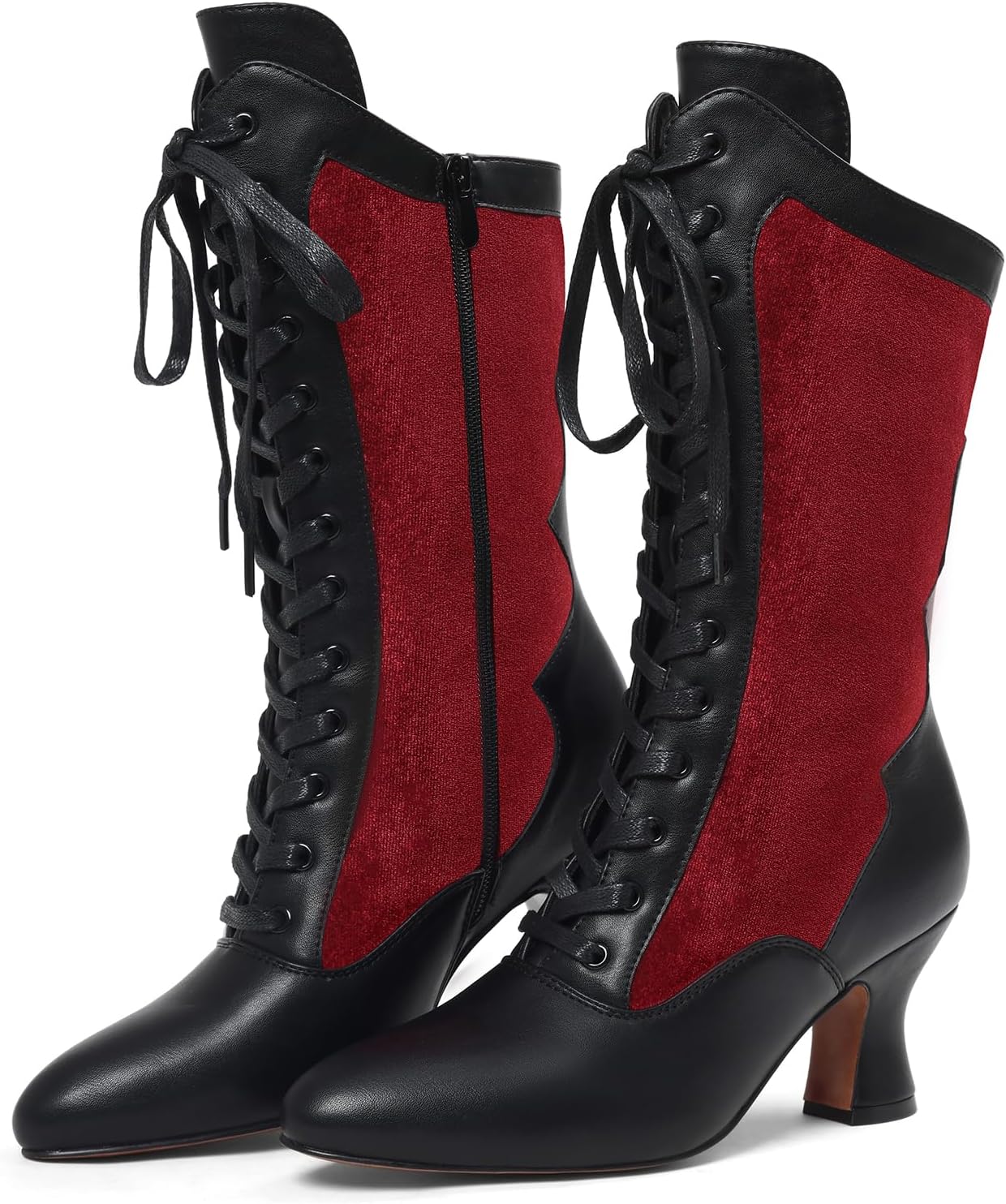 Erocalli Witch Boots For Women Victorian Medieval Vintage Mid-Calf Boots -Kitten Heels, Lace up, Side zipper, Goth, Cosplay Costumes, Dance Shoes