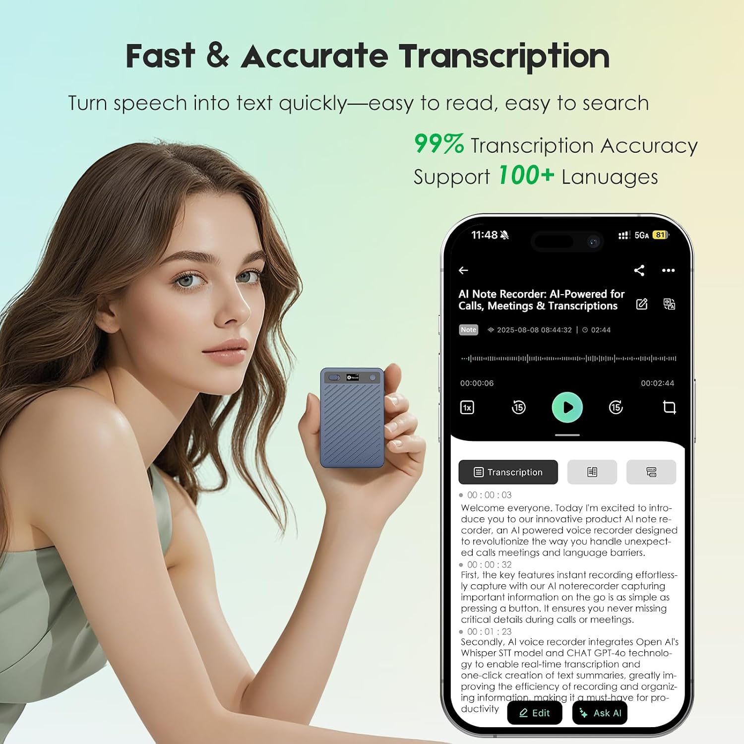 EVISTR AI Voice Recorder with Transcription, AI Note Recorder with App Control, AI Transcribe & Summarize, Support 100+ Languages Audio Recorders for Lecture Meeting Call International Exchange