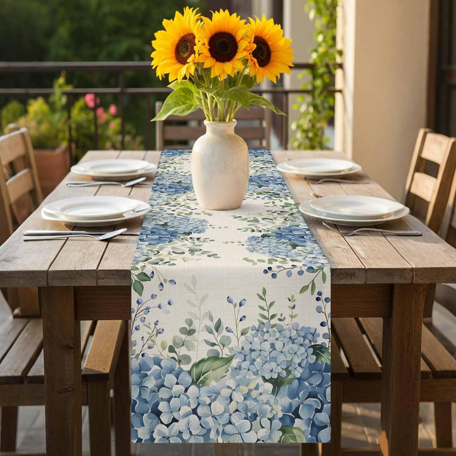 Table Runner Dresser Scarves, Farmhouse Eucalyptus Blue Hydrangea Plants Linen Table Runners 120 Inches Long,Non-Slip Washable Kitchen Dining Coffee Table Decor for Farmhouse Party Holiday Dinner