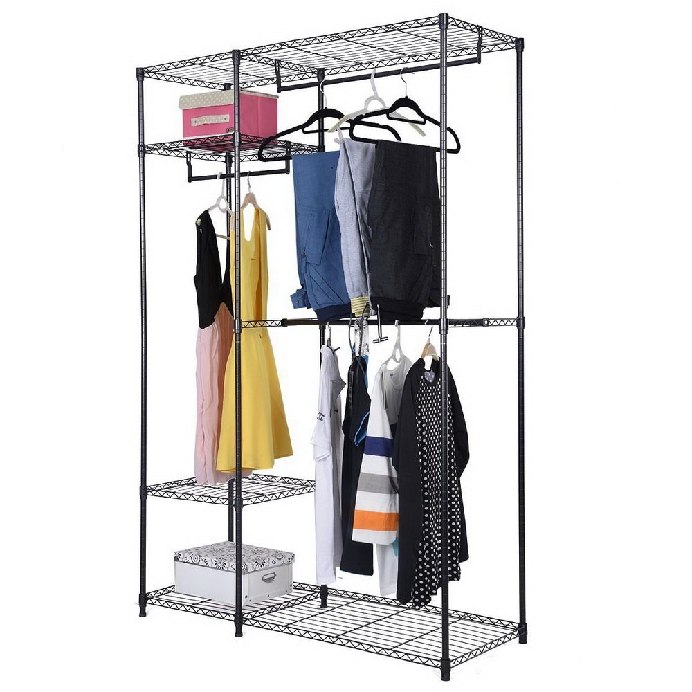 YIGEBAGYIGEBAG Clothes Garment Rack 4 Tiers Multifunction Clothing Hanger Garment Shelf Organizer Clothing Storage Rack with Three Stand Rod (Black)