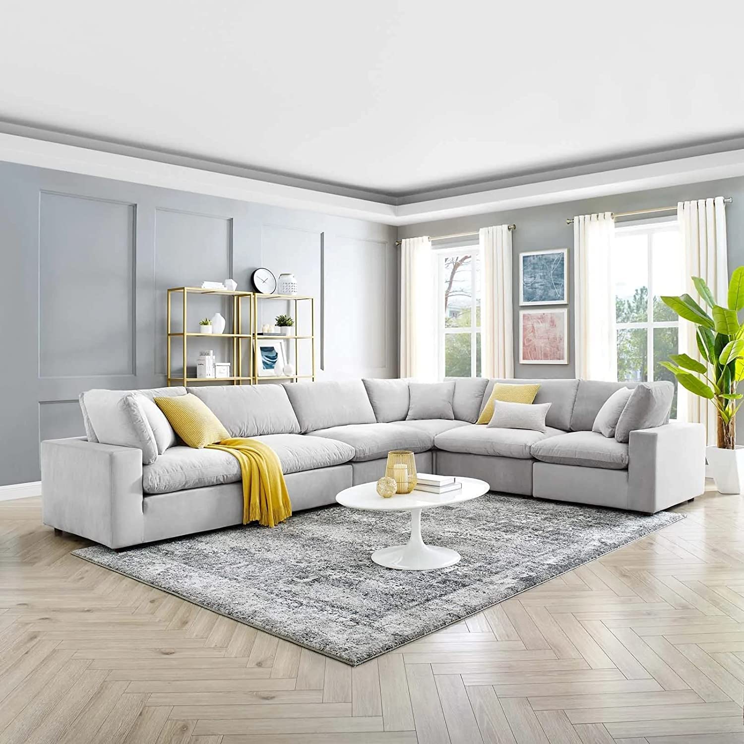 VILNIUS Elisa Solid Sal Wood Velvet Upholstered 5 Seater Right Hand Side Facing Modular, Sectional, Corner L Shape Sofa Set for Living Room, Light Grey Color