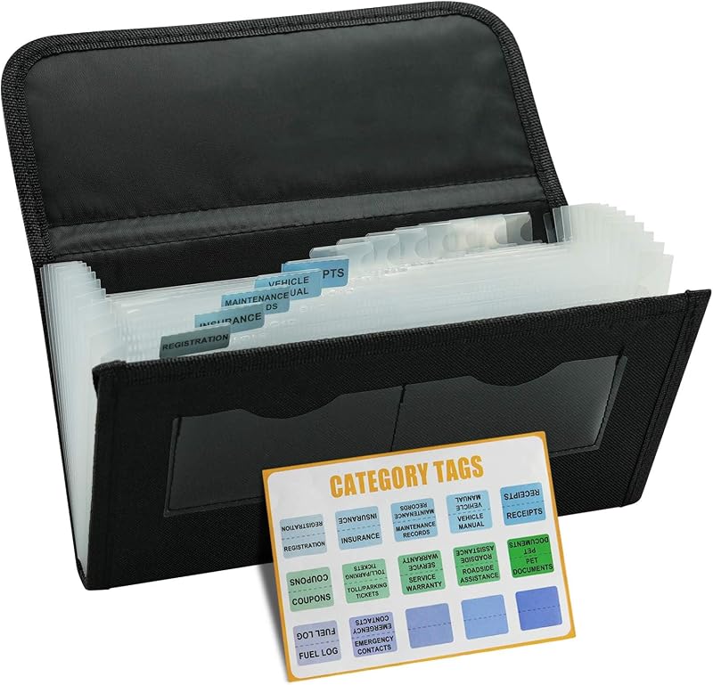 Large Capacity Vehicle Glove Box Organizer for Car Documents License Cards | Car Registration and Insurance Holder, Car Document Holder with 13 Pocket Expanding File Folder 2 Cards Pockets, Black