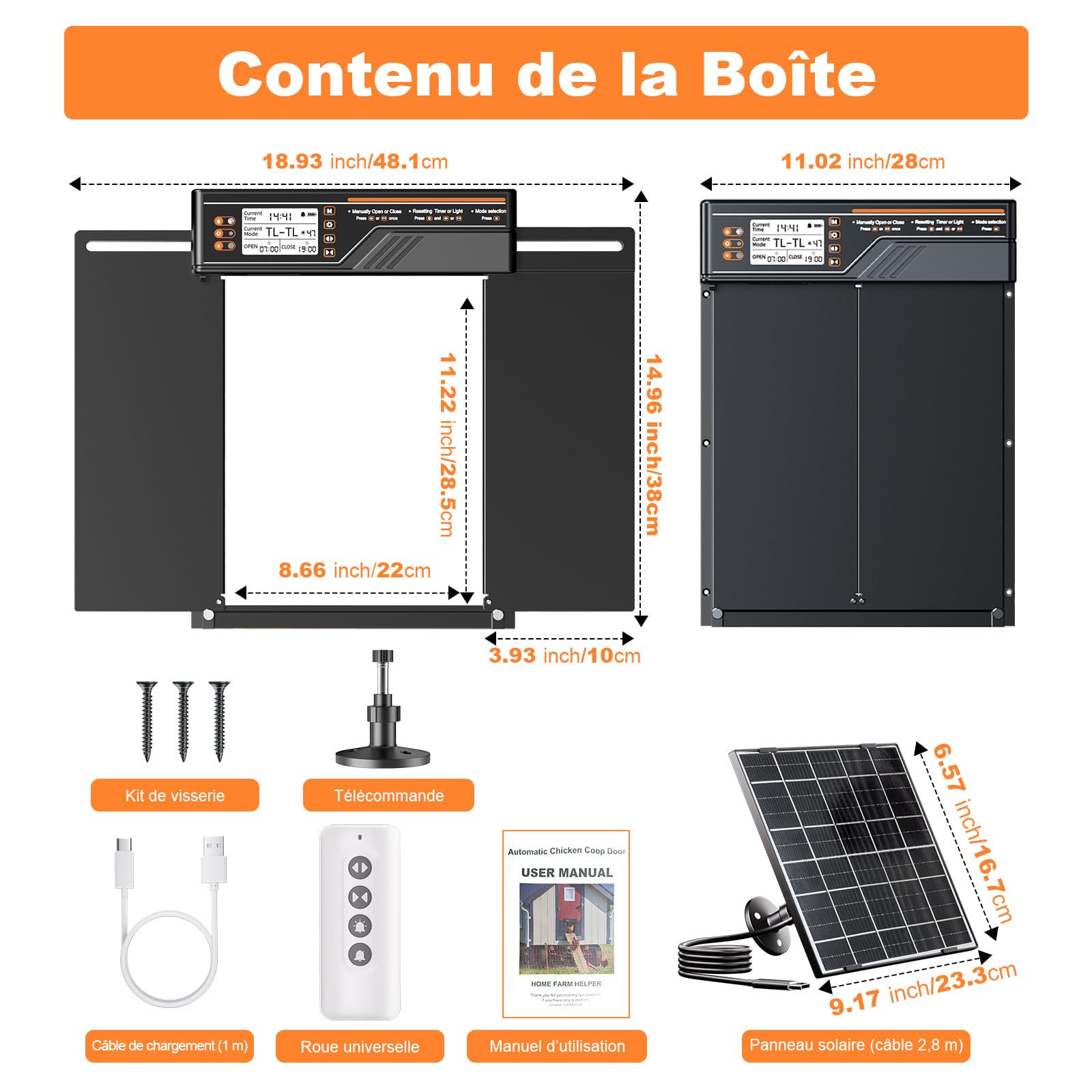 Grande Porte Poulailler Automatique Solaire, MASTERFUN Double Porte Coulissante Latérale, Porte Automatique Poulailler Solaire avec Minuterie, Fonction Lumière, Télécommande, Fonction Anti-pincement