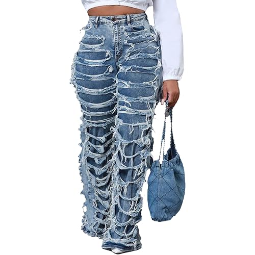 Women's Wide Leg Straight Jeans High Waisted Baggy Stretch Loose Denim Pants