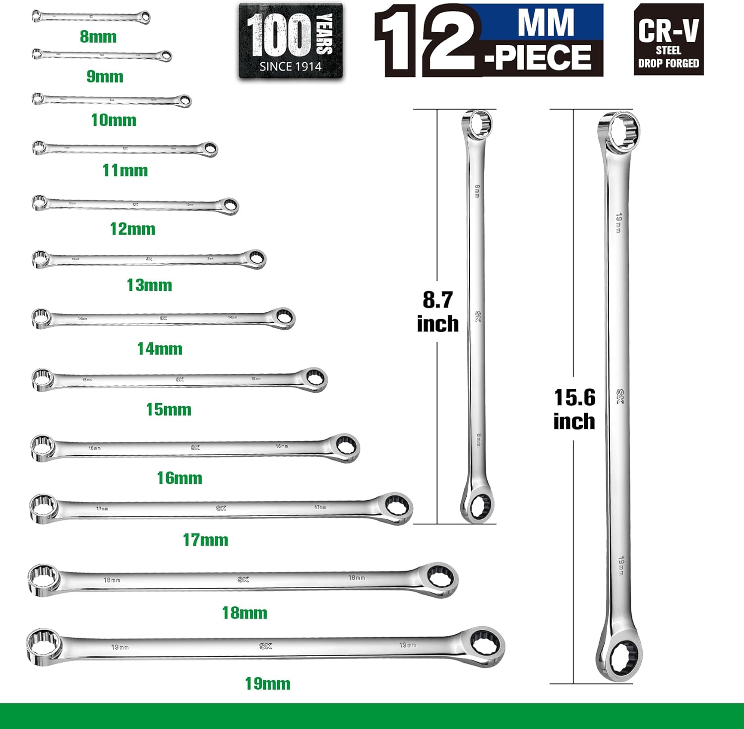 SK Extra Long Ratcheting Wrench Set, Double Box End Wrench Set, 12-Piece, Metric, 8 mm to 19 mm, 72-Tooth, Premium CR-V Construction, with Rolling Pouch