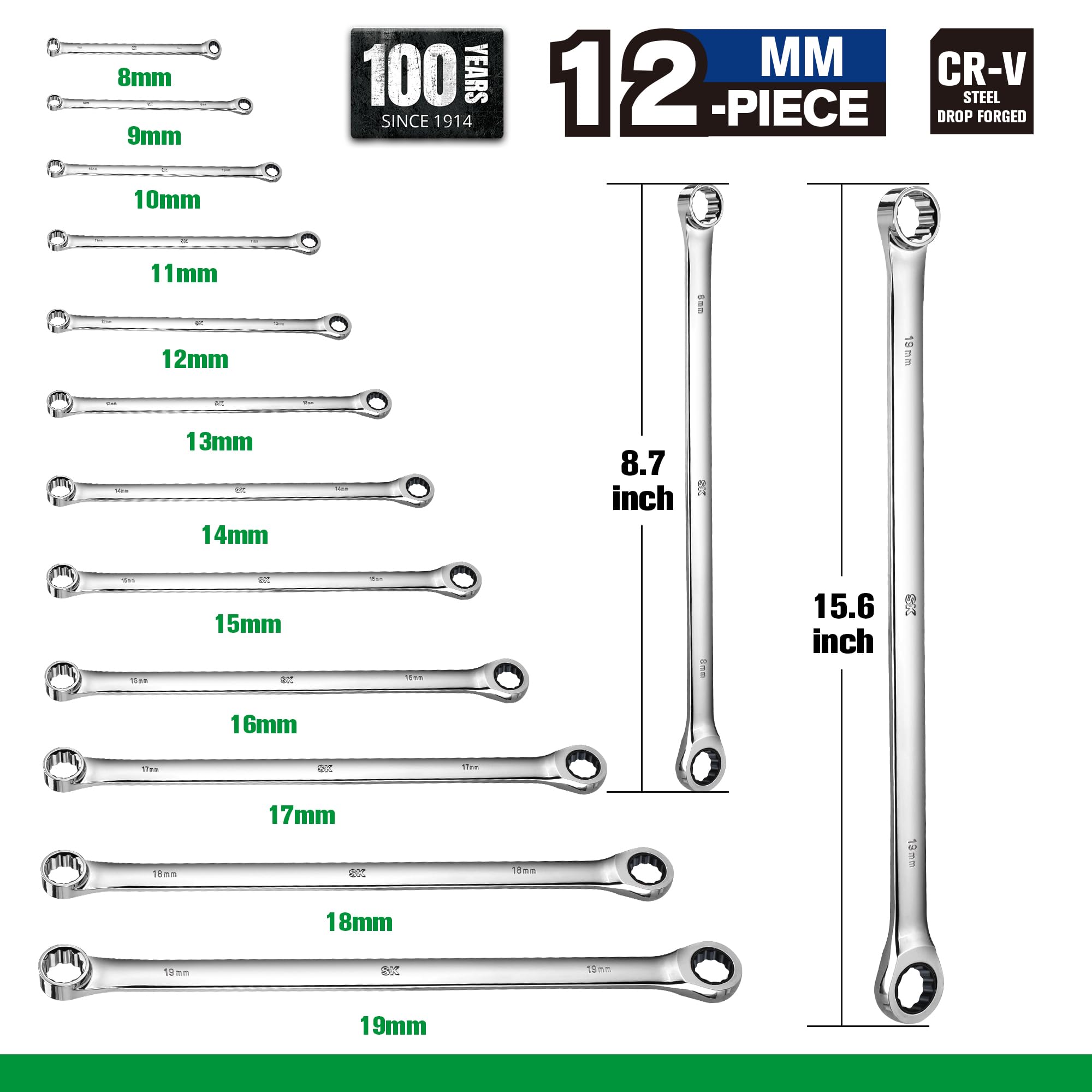 SK Ratcheting Wrench Set - Long Handle, Metric 8-19mm -4 SK Ratcheting Wrench Set - Long Handle, Metric 8-19mm -4