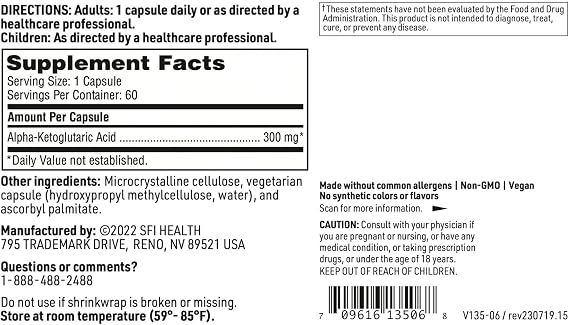 Klaire Labs SFI Health Alpha-Ketoglutaric Acid - Energy & Metabolism Support - 300mg AKG in Hypoallergenic, Vegetarian Capsules, Dairy & Gluten-Free (60 Capsules)