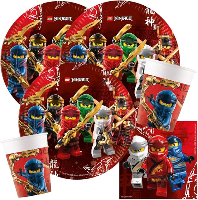 44-częściowy zestaw imprezowy - Ninja - Ninjago talerze, kubki, serwetki + papierowe słomki do picia dla 8 dzieci