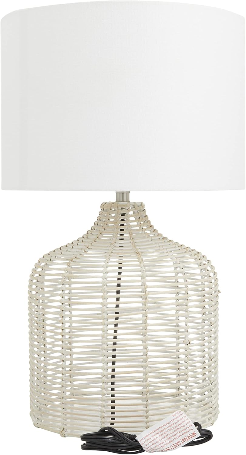 Deco 79 Rattan Handmade Room Table Lamp Woven Accent Lamp with Drum Shade, Lamp 15" x 15" x 25", Beige
