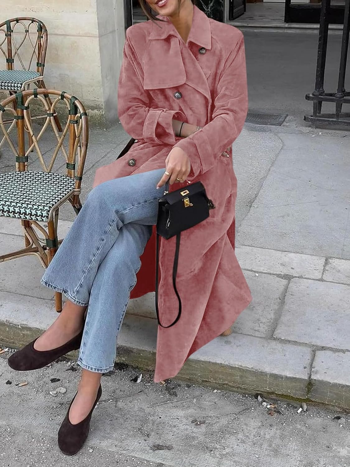 Tankaneo Womens Long Trench Coat Fall Faux Suede Jackets Double Breasted Lapel Pea Coat with Belt - Image 5