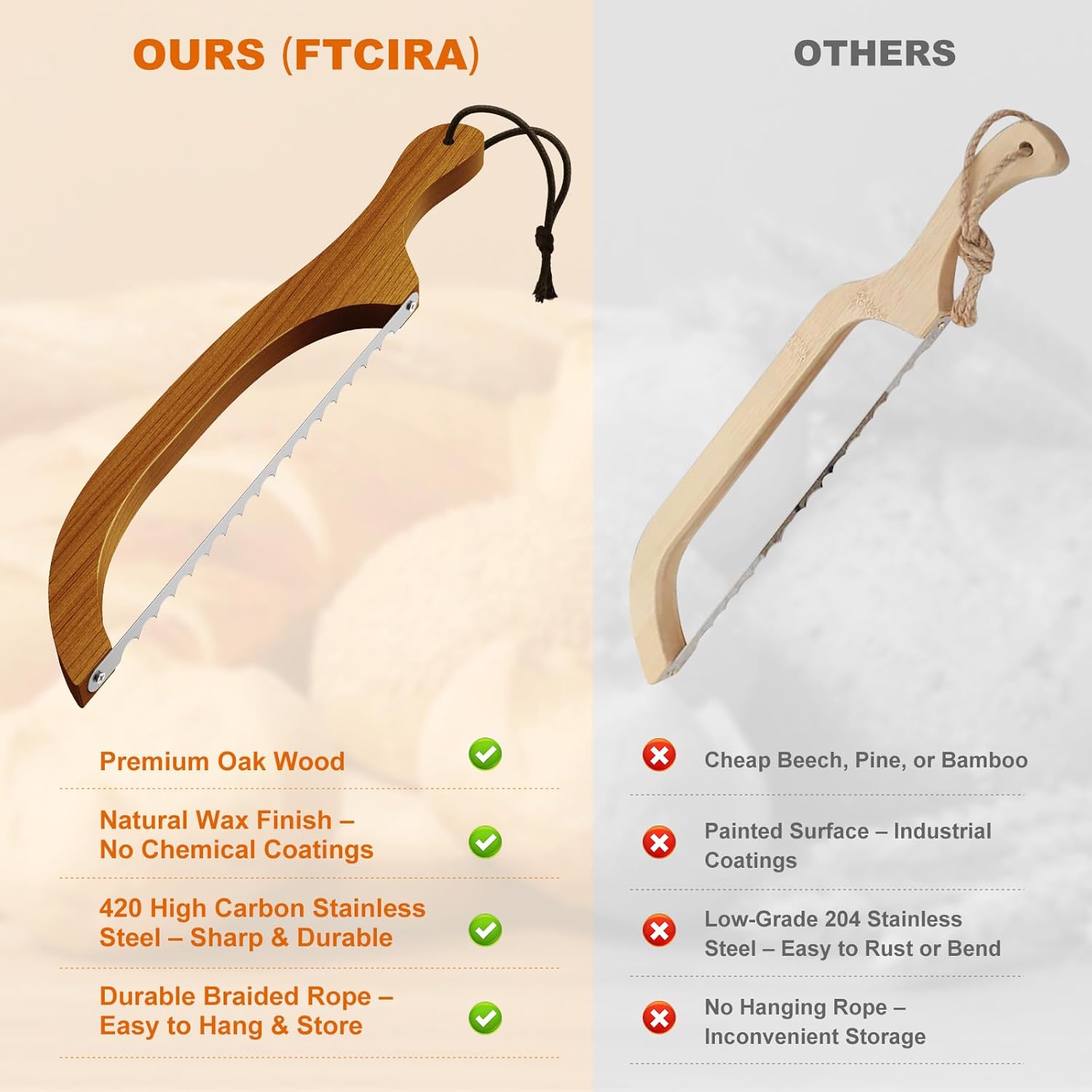 Bread Knife for Homemade Bread – 16 Walnut Bow Bread Cutter with Ultra-Sharp Serrated Stainless Steel Blade, Sourdough Bread Knife for Bagels, Baguettes, and Rustic Loaves - Walnut Color