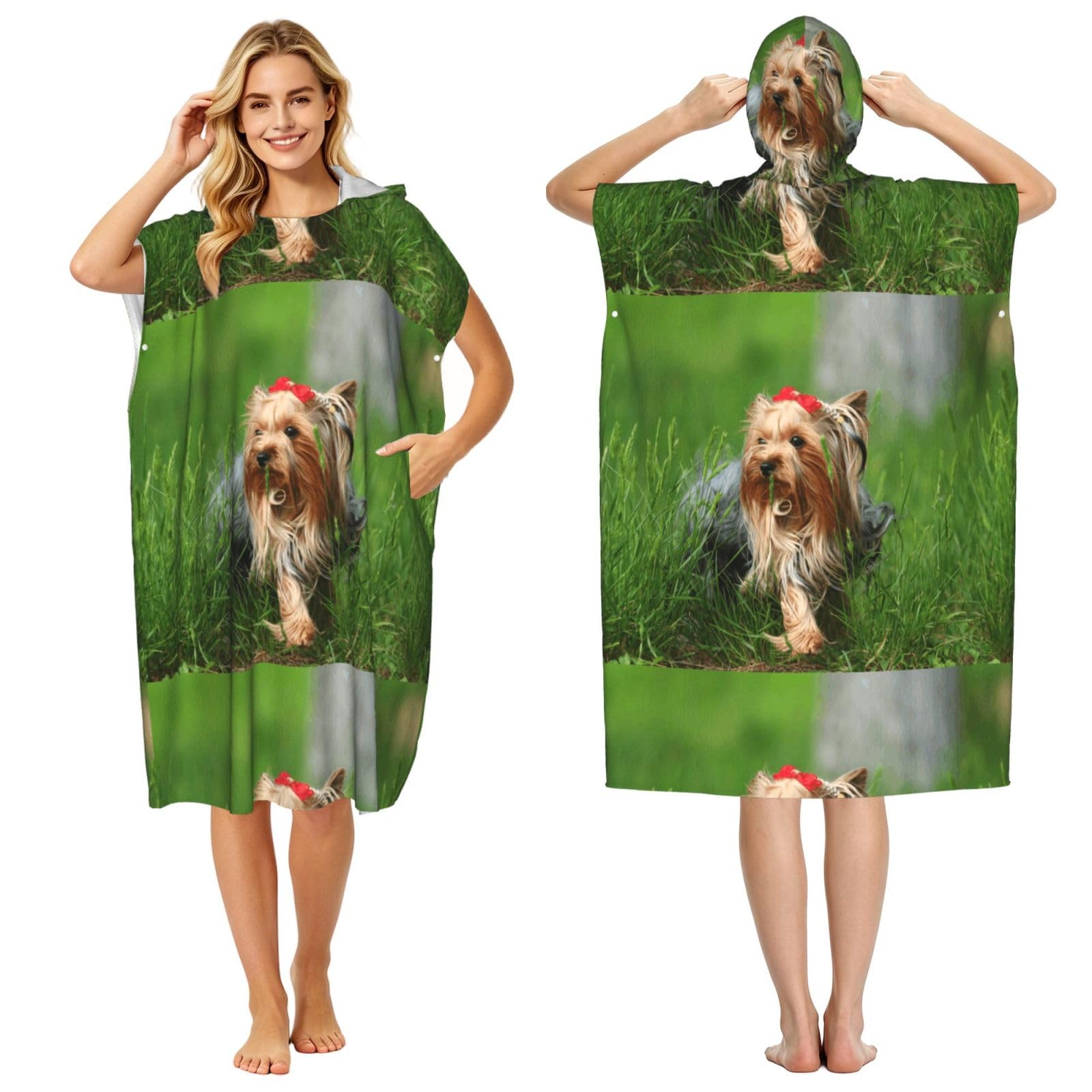 Poadnly Yorkshire Terrier Lawn Cute Dogs Ummer Red Bow, Adult Hooded Beach Towel 90 x 110 cm,Changing Bath Robe, Surf Poncho Towel For Women Men