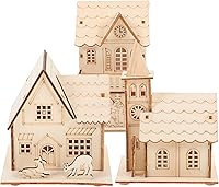 Toyvian 3PCS LED Christmas Village Houses Wooden Battery Light Up Unfinished DIY Holiday Table Centerpieces Crafts Decor