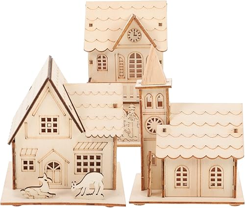 Toyvian 3 piezas de casas de pueblo navideño casa de madera con luz LED con batería, decoración rústica sin terminar de pueblo de vacaciones,