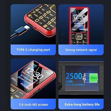 4G Basic Cell Phone for Elderly - Big Buttons, SOS Emergency Key, 2.4 Inch Display, Dual SIM, Photo/Video/Audio Recording, MP3, FM Speaker, Torch,SOS Button,Red