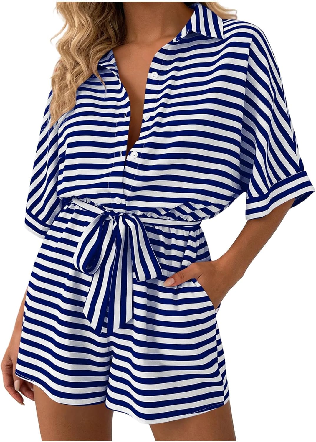 Women's Striped Collared Romper Button Down Short Sleeve Jumpsuit with Pockets Lightweight Summer Outfits 2026