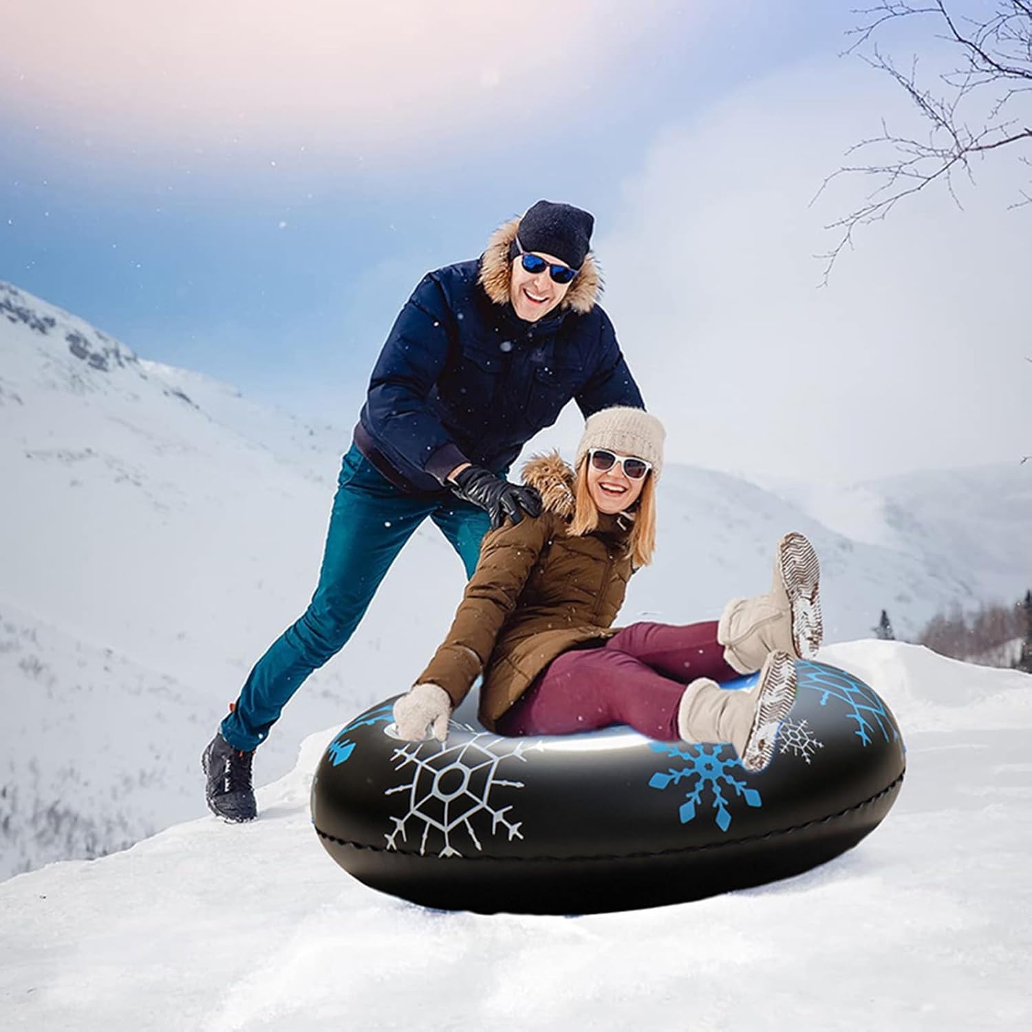 Snow Tube, Thickened PVC Double, Handle Donut with Inflatable, 35.43in Heavy Duty Sled for Christmas Iced River Lake, Winter Sports, Snow Tube Use for Skiing Women Men Friend Boy Girl