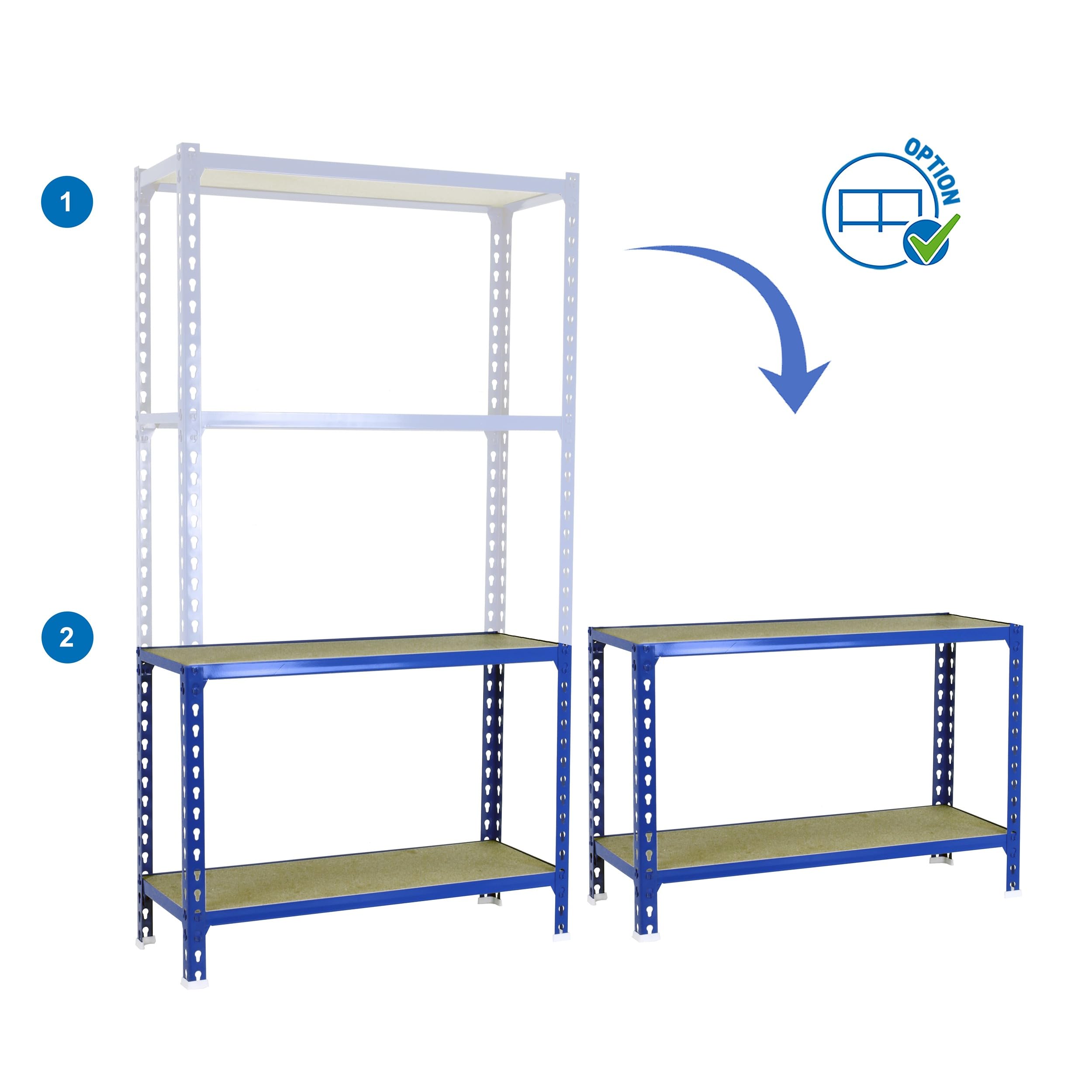 SimonRack Estanteria Metalica, 4 Baldas Madera Ajustables, 200 kg de Punto Flexión, 1500x1100x300 mm, Estantería Almacenaje, Sin tornillos, Azul/Madera - Maderclick | 4 Alturas, Bandeja Madera, 200 kg de Punto Flexión, Azul , Pintura anticorrosión, Montaj