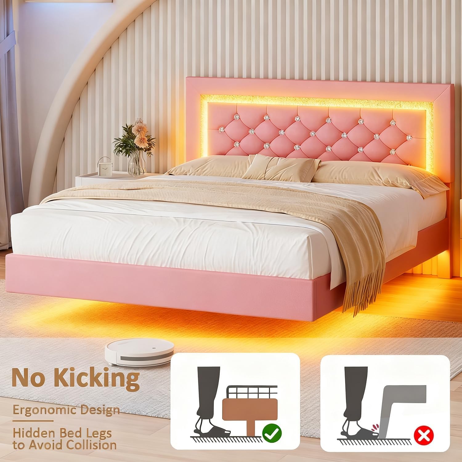 BarnFurin Floating Bed Frame Queen with LED Lights, Upholstered Bed Frame with Diamond Headboard, No Box Spring Needed, Noise Free, Easy Assembly, Pink