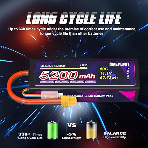 Miniatura 4 de Batería Lipo de 11.1V 3S 5200mAh 80C Lipos Estuche rígido con conector XT60 para coches RC camiones 18 110 vehículos RC (2 paquetes)