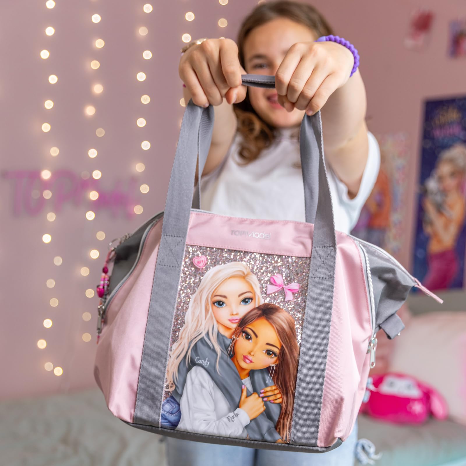 Depesche 13321 TOPModel My BFF - Sac de Sport Rose et Gris, avec Motif de Mannequin et Paillettes, Sac avec Forme Ajustable pour Plus de Place
