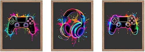 Poster Master Impresión de videojuegos de 3 piezas, póster de neón para videojuegos, arte geek y pop, diseño moderno de consolas, regalo para