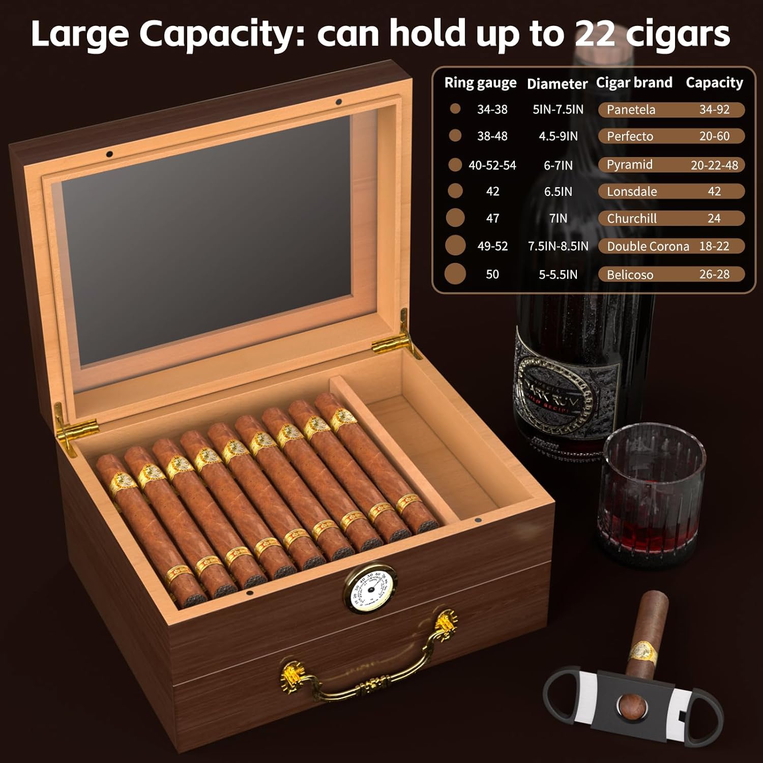 Spanish Cedar Cigar Humidor Box with Accessories and Humidifier - Glass Cover and Storage Drawer - Desktop Cigar Holder for Men - Portable Travel Case - Small Table Top Humidors for 20-50 Cigars