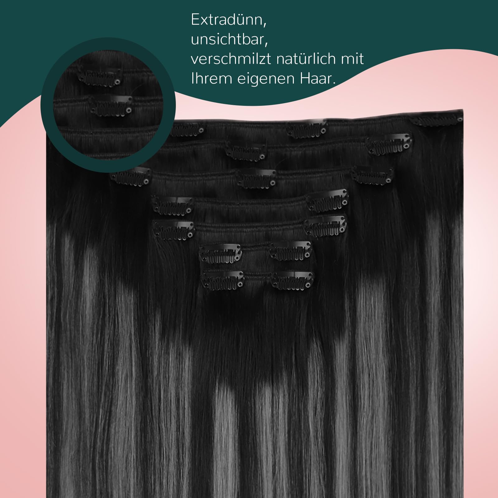 Easyouth Echthaar Extensions Clip in Haarverlangerung Echthaar Clips Off Black Mix Silber und Off Black 50cm 120g 7Pcs Doppelt Tressen Clip in Echthaar Extensions