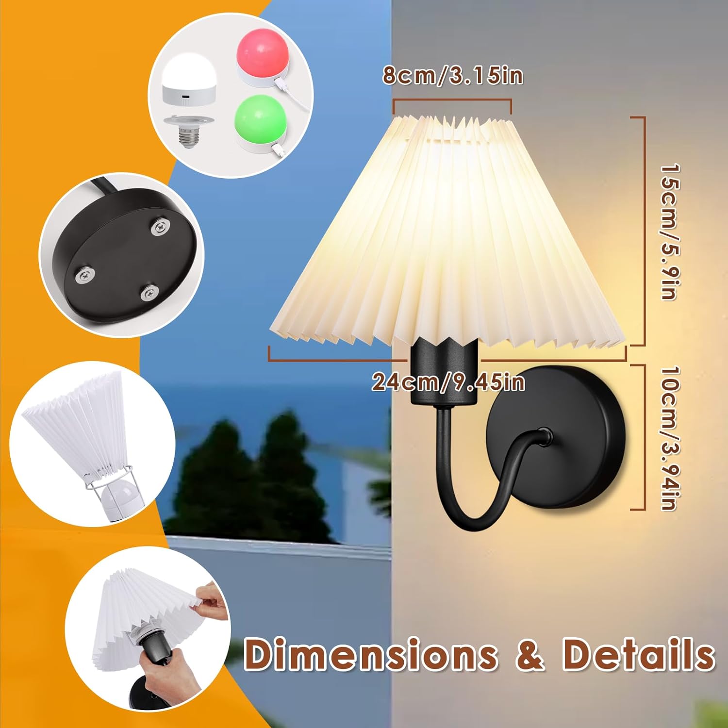Modern Wall Sconces Set of 2, Wireless Battery Operated Wall Sconces, 2 Pack No Wiring Plug in Wall Lamp with RGB Smart Bulb, Easy Install Portable Wall Light for Bedroom, Living Room, (Black)