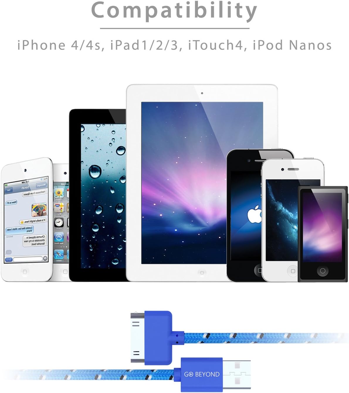 Go Beyond (TM) 3FT 30 Pin Nylon Woven Braided USB Charging/Data Sync Cable for Apple iPad 1/2 / 3, iPhone 4/3 and iPod (3FT Blue)
