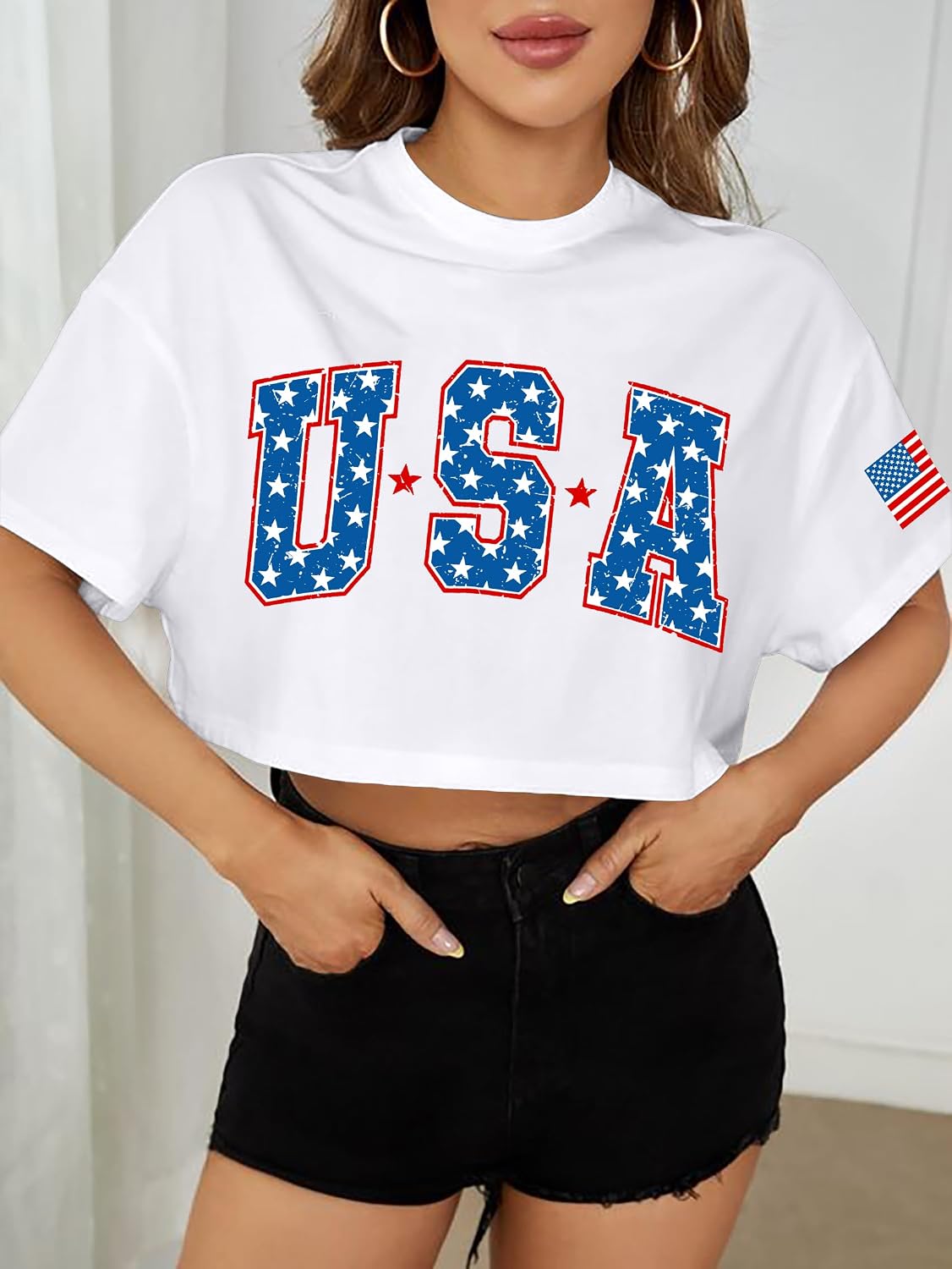 hohololo USA Crop Tops Women 4th of July Shirts Patriotic Shirt American Flag Tee Memorial Day Tshirt Girls Crop Tops thumbnail