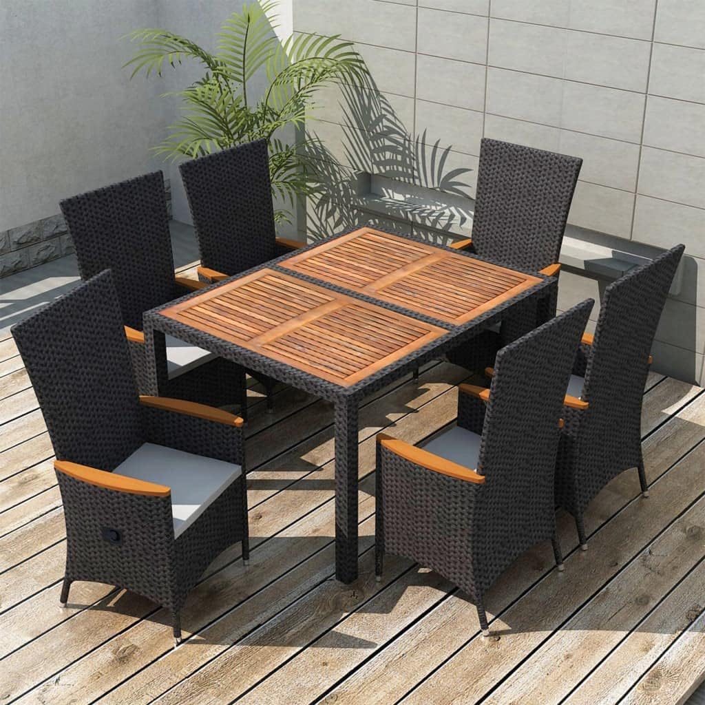 7 Piece Patio Dining Set,Patio Decor,Outdoor Table Chairs,Conversation Furniture,Afternoon Tea Suit,Dining Chairs, for Yard, Patio, Garden, Poolside, Balcony, Poly Rattan Acacia Wood Black