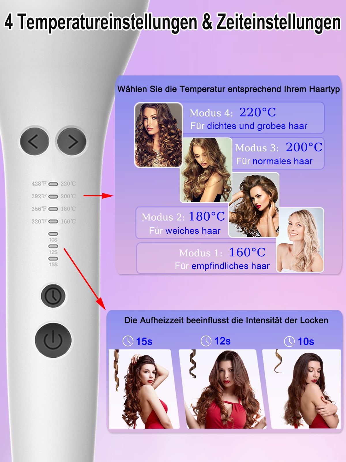 Lockenstab Automatisch, mit 3 Heizzeit-Einstellungen und 4 Temperaturstufen, ein Professioneller Lockenstab in Salonqualität, der für Alle Haartypen Geeignet Ist