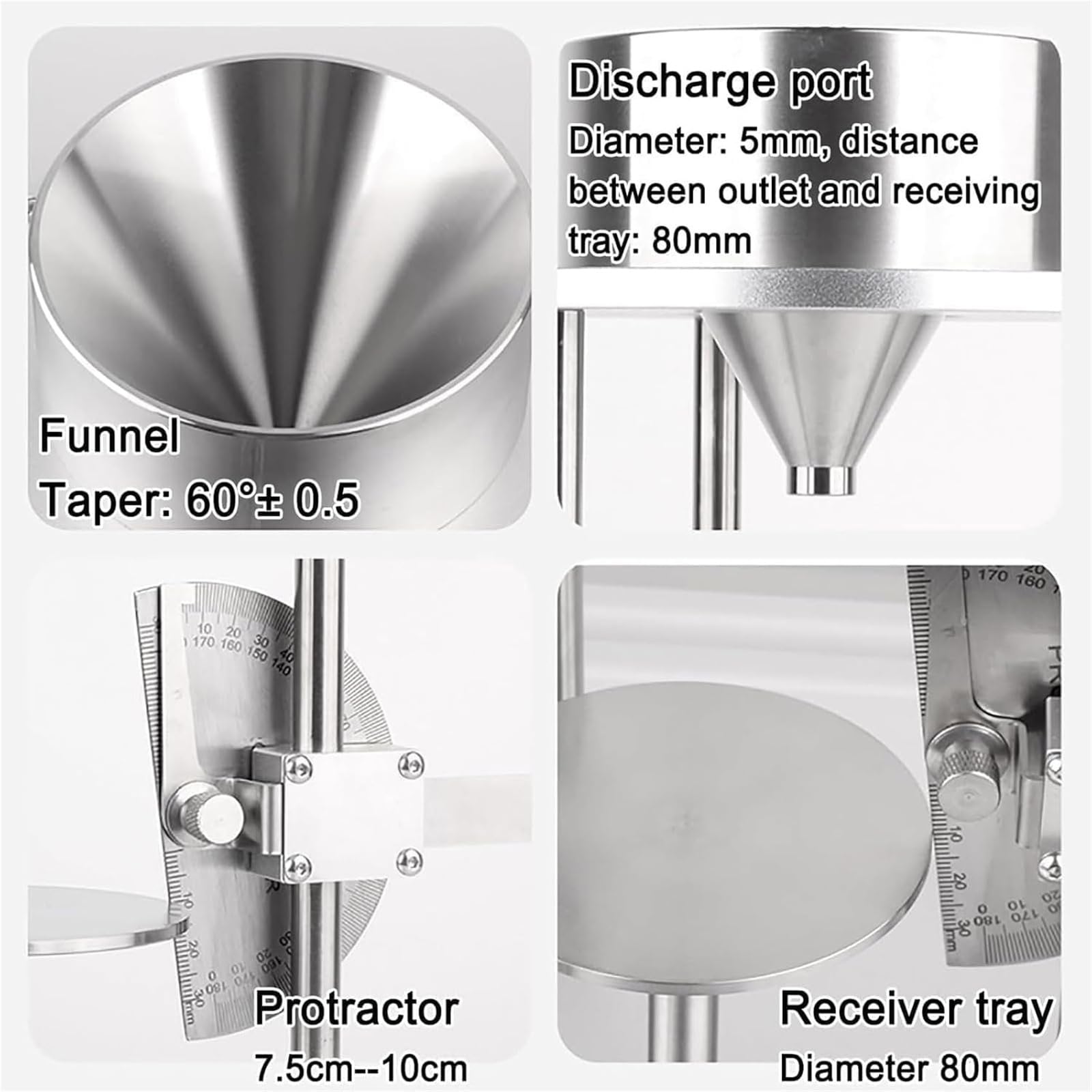 Tester powierzchni cząstek stałych, regulowany tester kąta spoczynku kątomierza z lejkiem, okrągły dysk o średnicy 80 mm, stożek 60° ± 0,5°, stal nierdzewna