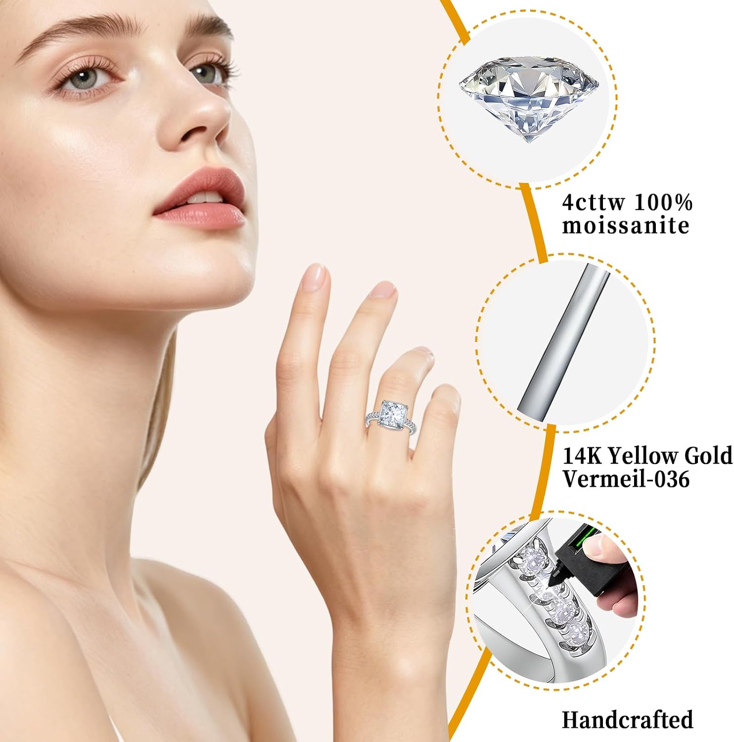 4 Carat Moissanite Engagement Ring for Women, Cushion/Round Cut 4CT Moissanite Wedding Ring, 14K Rose Gold/White Gold Plated Adjustable Bridal Promise Ring, Hypoallergenic Anniversary Ring with Gift Box