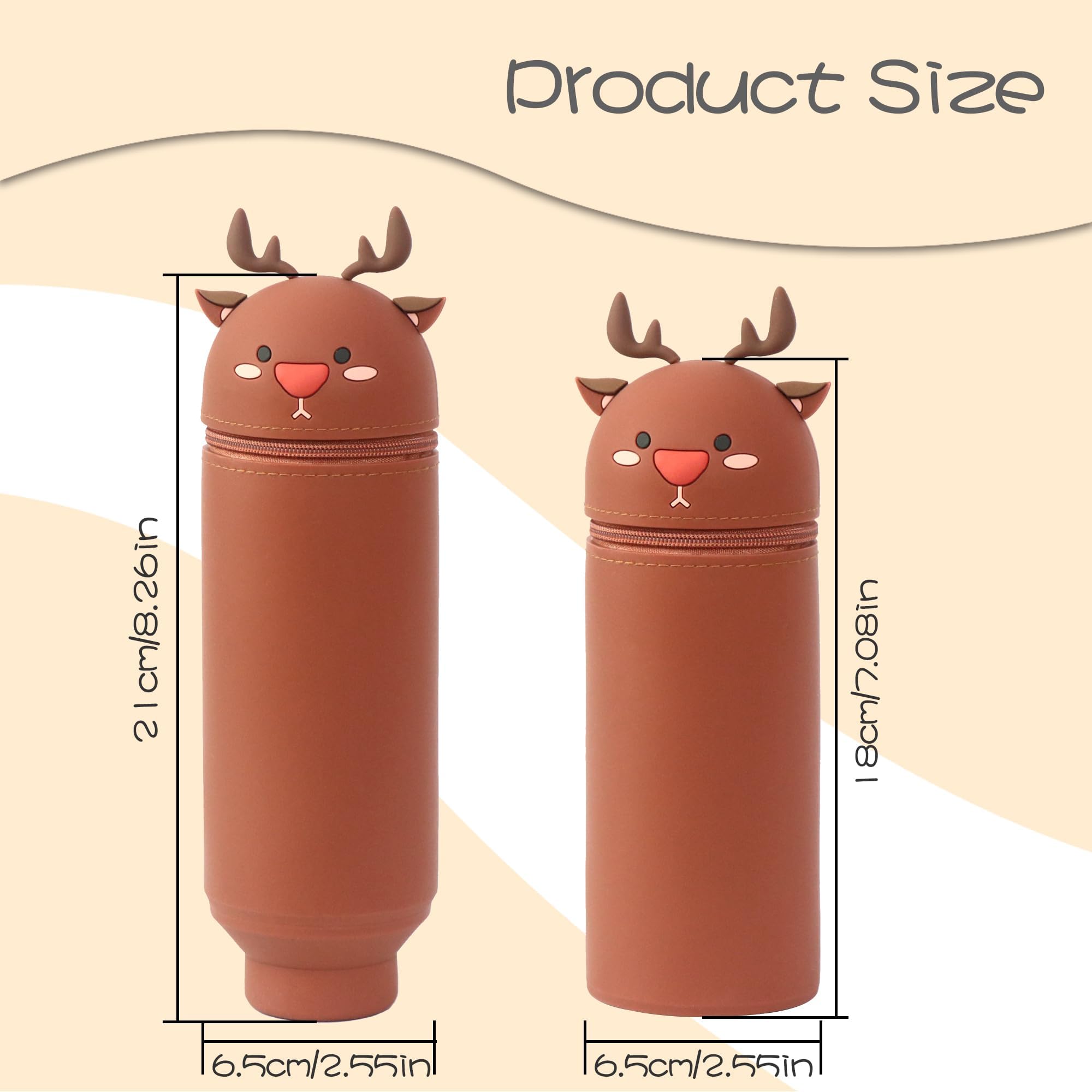LGWJHCY Telescopic Pencil Case 2 in 1 Soft Silicone Kawaii Deer Desktop Pen Holder Zipper Closure Storage Bag Pencil Bag Pencil Cases for Kids Adults brown - Image 2