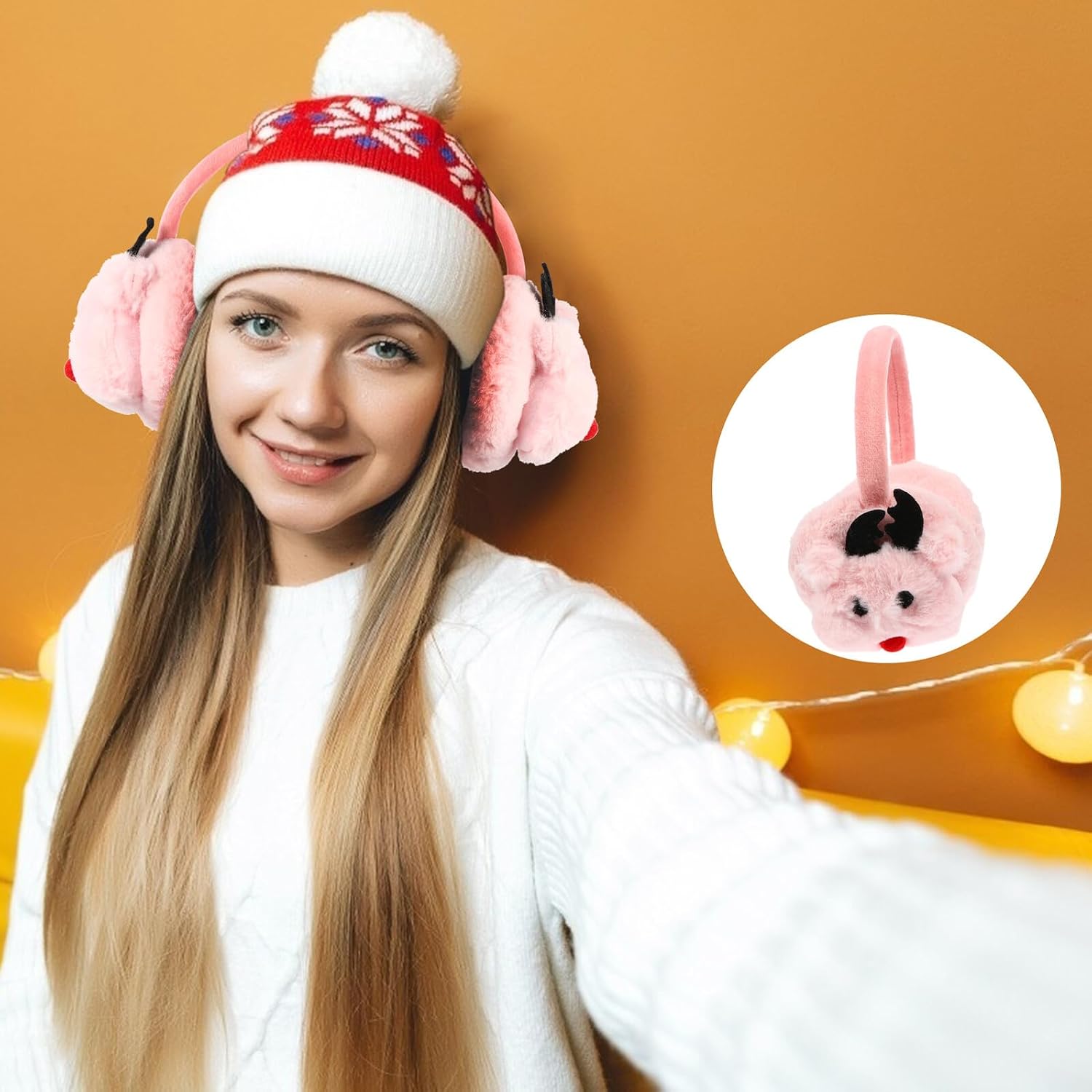 Plush Pink Reindeer Antlers Earmuffs Winter Ear Warmer for Women and Soft Adjustable Warm Ear Muff for Outdoor Winter Accessories