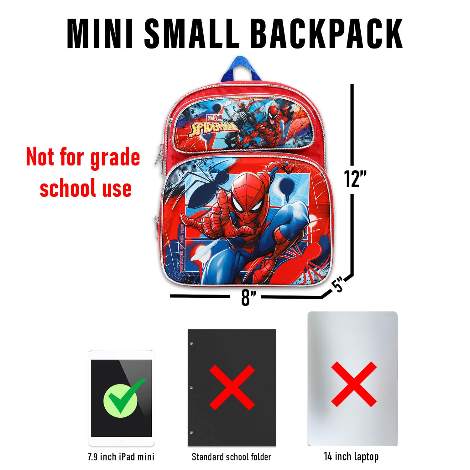 Marvel Spiderman, mini zaino per bambini – Bundle con supereroe 30,5 cm, borsa da scuola con bottiglia d'acqua, adesivi, molto altro | Borsa da viaggio per ragazzi Spiderman e Venom