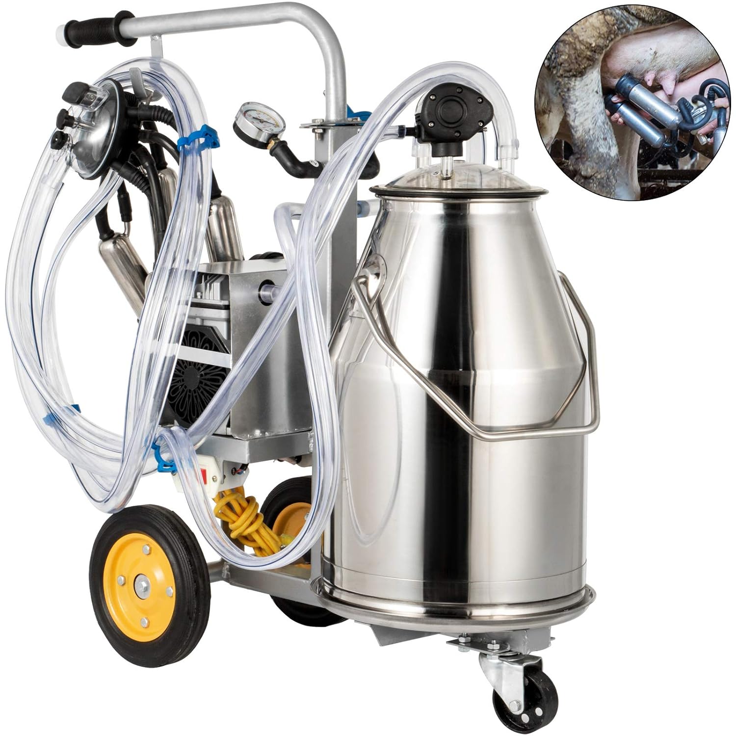 Super Cheap 🛒 Happybuy Electric Milking Machine 25L,Milker Machine 5-8 Cows per Hour, 0.55KW 1680 RPM Milking Equipment with 25L 304 Stainless Steel Bucket Single Cow Milking Machine Bucket Milker for Cows and Goat