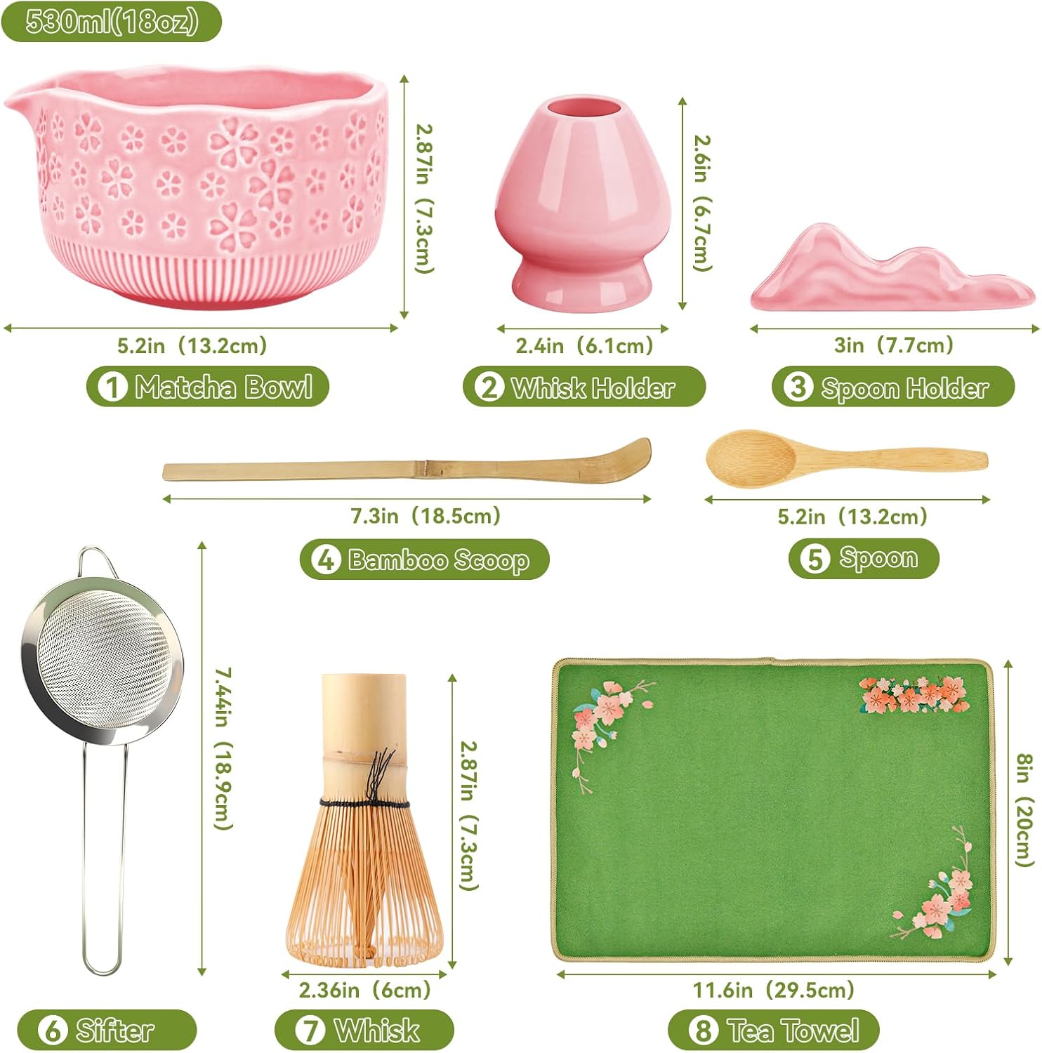 Matcha Whisk Set, 7 Pcs Matcha Making Kit with Matcha Bowl, Matcha Whisk and Holder, Bamboo Scoop, Scoop Rest, Sifter and Tea Towel，Gifts for Christmas Birthday