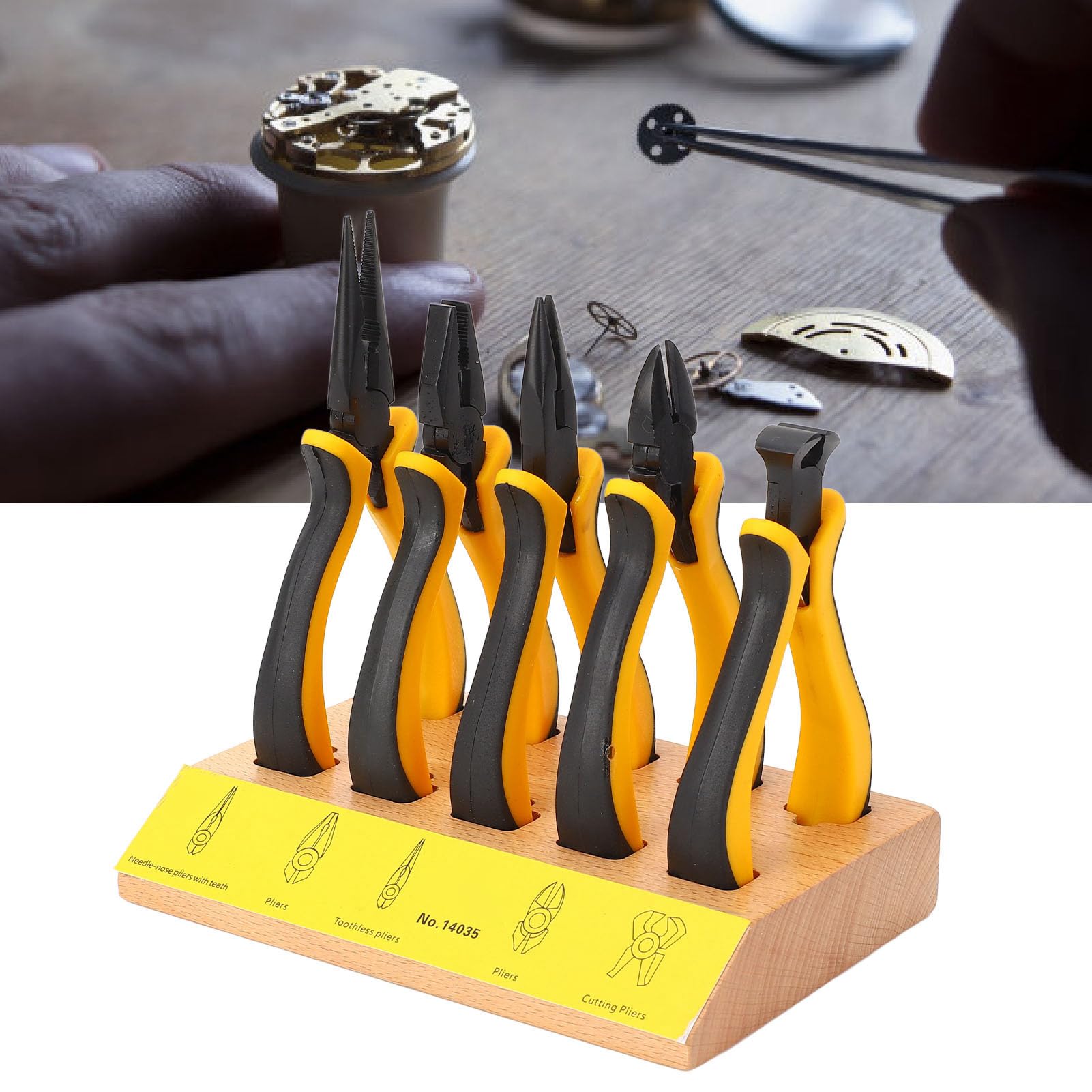 Schmuckzangen-Set, legierter Stahl, Gummi, 10,2 cm, Ohrring-Bastelzangen-Set mit Holzsockel, professionelles Schmuck-Reparatur-Werkzeug für Uhrmacher, Juweliere