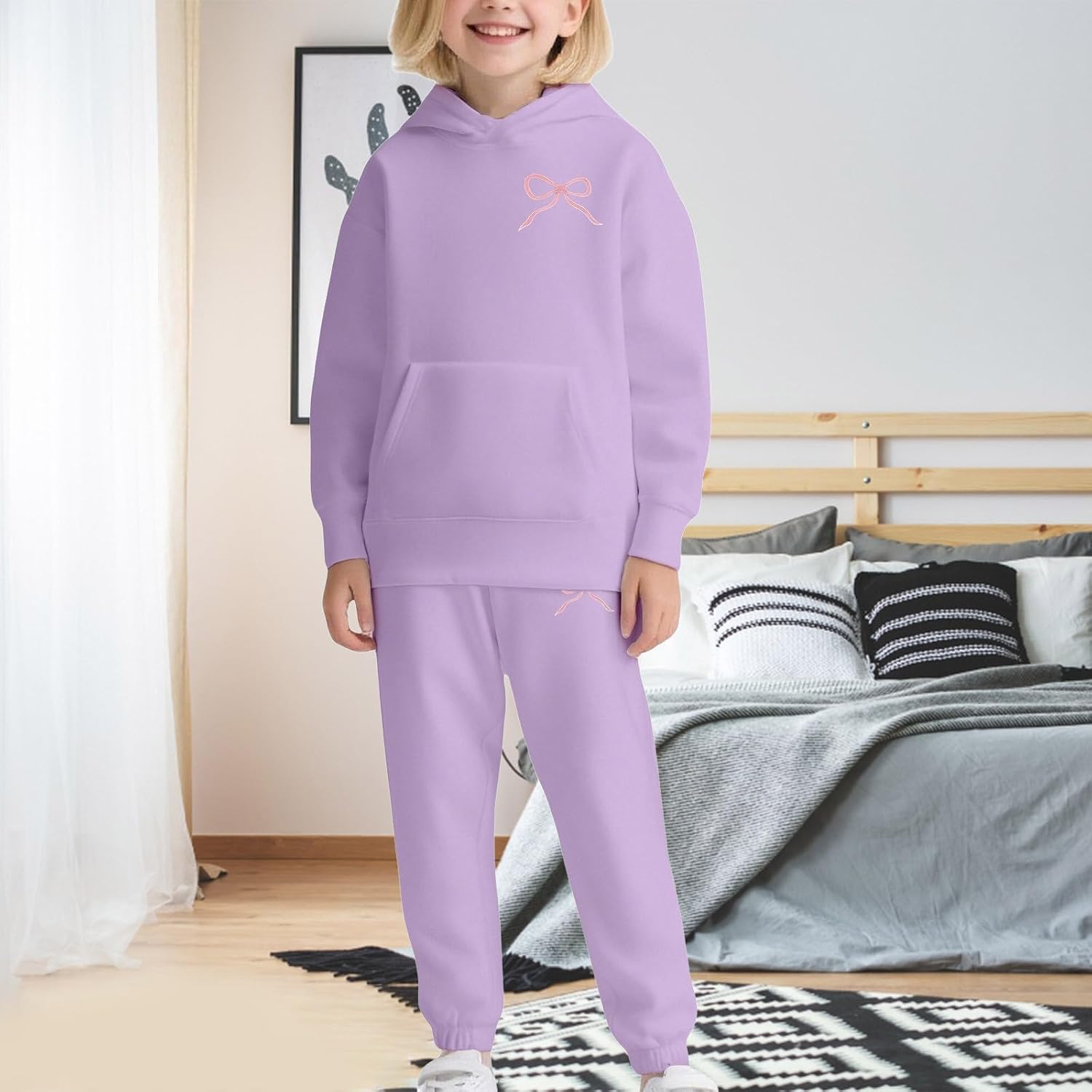Girls Two Piece Outfits Bow Graphic Print Hoodie Sweatpants Set Oversized Sweatshirt and High Waist Sweatpants Cute Tracksuit
