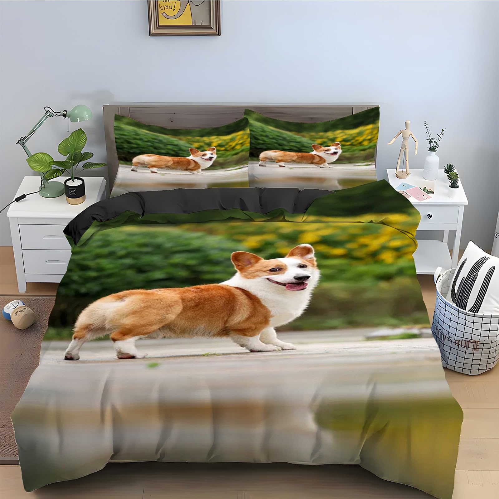 Housse de couette Corgi 90x190 en microfibre douce et thermorégulatrice avec fermeture éclair fiable