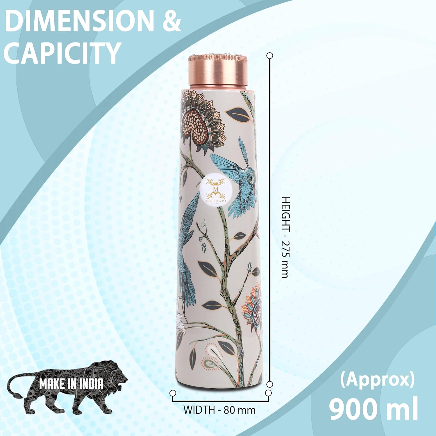 Copper Water Bottle A Handmade Ayurvedic Enameled Print Pure Copper Water Bottle For Drinking - Increase Your Water Consumption, and Experience Immediate Health Benefits 900ml