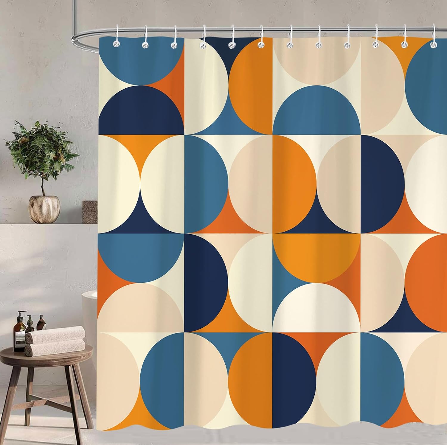 Orange Mid Century Modern Shower Curtain, Boho Abstract Geometric Retro Art Bath Curtains For Bathroom, Colorful Unique Pattern Waterproof Polyester Fabric Bathroom Accessories Set 12 Hooks 72X72IN