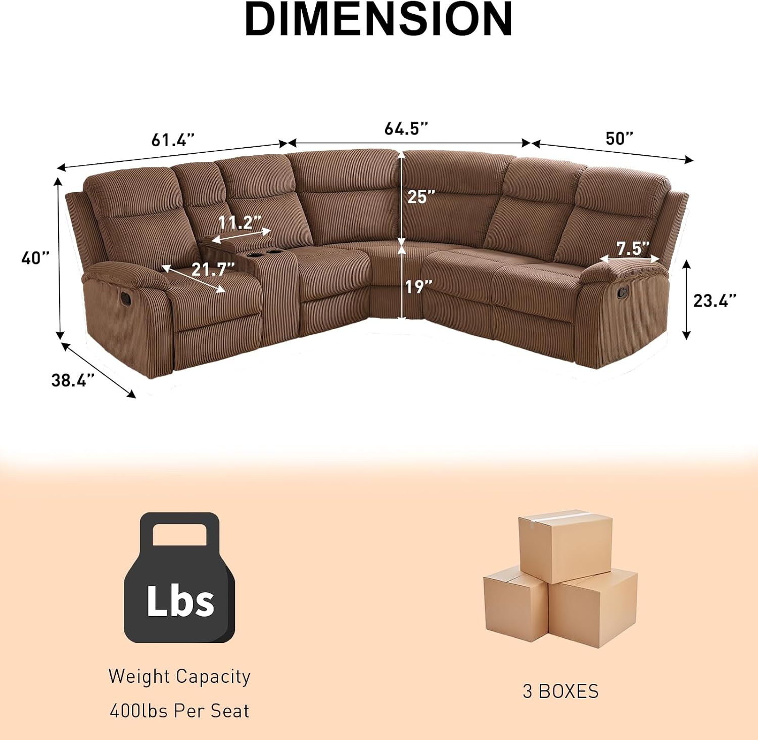 Reclining Sectional Sofa Set with Cup Holders,Hide Storage Recliner Couch Set,Stripe Fabric Living Room Furniture Sets,for Living Room/House/Office(Brown)