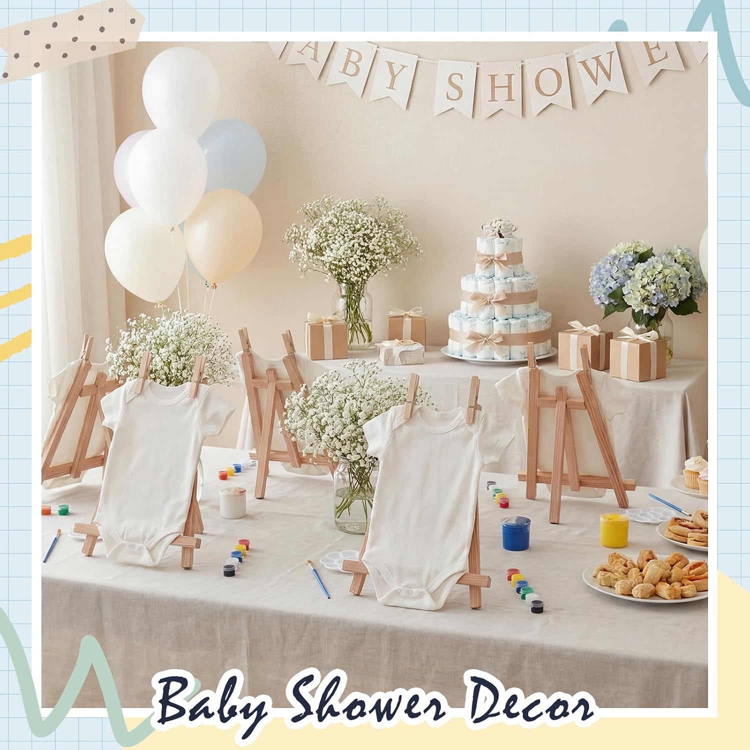 Condition photo showing New/Like New for 48 pcs white baby shower bodysuit games design with wooden easel wooden clothes clamp cotton blank bodysuit diy for baby shower games, gender reveal & decorations